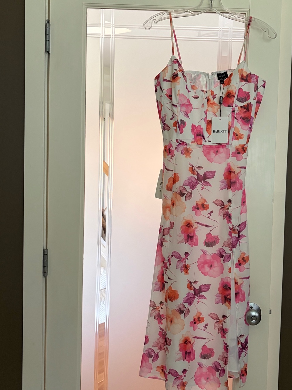 Bardot White Midi Dress with Pink & Coral Floral Print